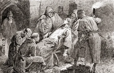 En scene fra William Shakespeares skuespill King John, Act V, Scene 7, King John: Poisoned, ill fare, dead, forsook, cast off, fra The Works of William Shakespeare, publisert 1896
